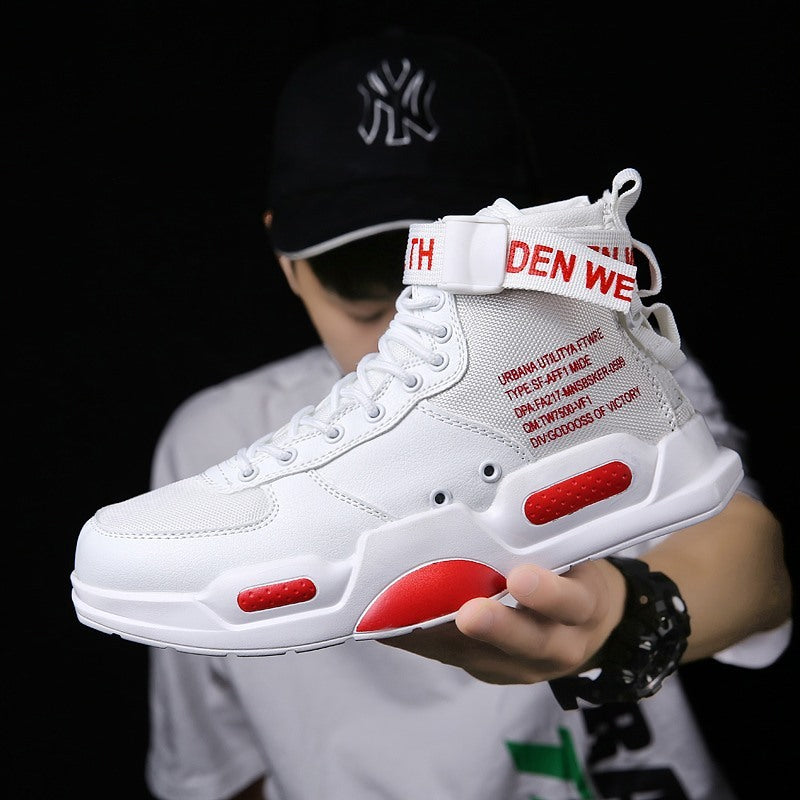 High-top Air Force One sneakers in white with red accents and bold text details, designed for men with non-slip sole and modern streetwear style.