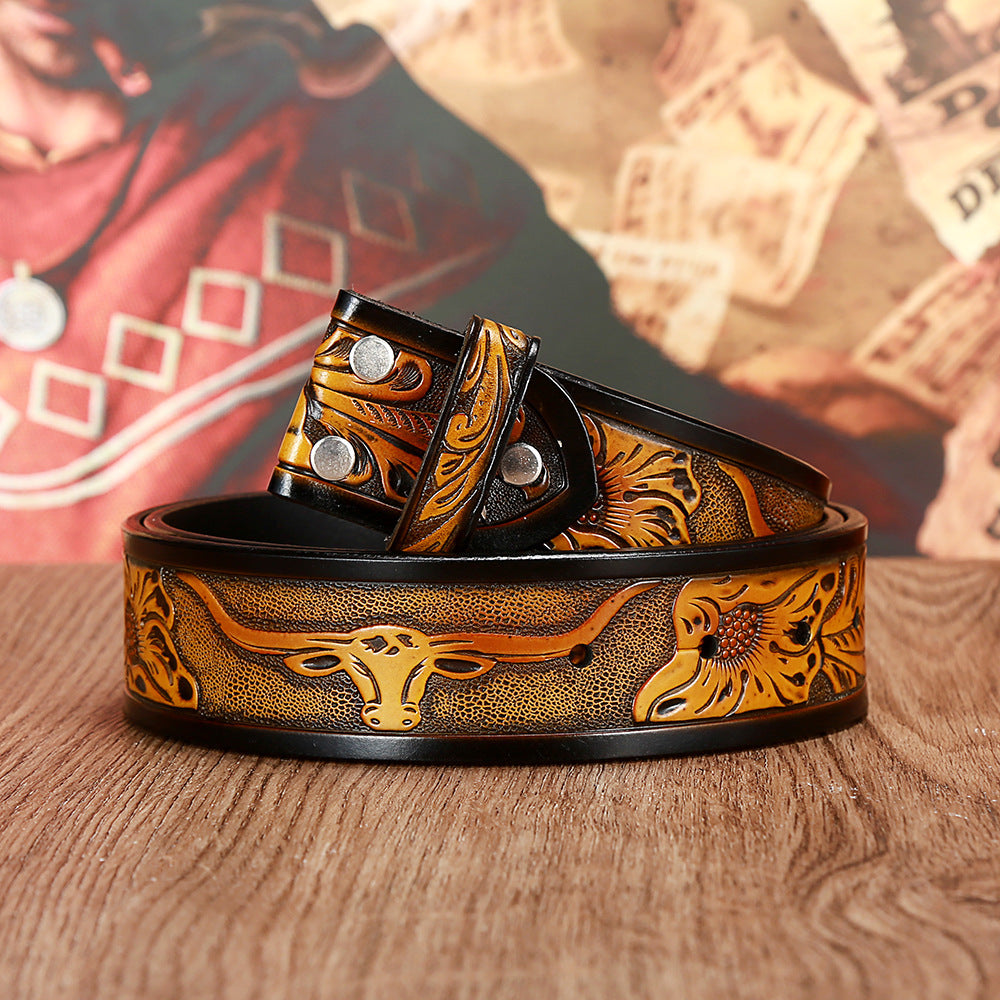 Yellow cowhide Texas Cow Head Belt for men and women with embossed longhorns and floral patterns. Stylish western fashion belt.