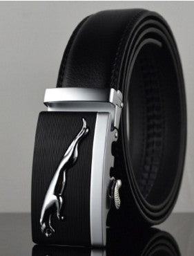 Black leather belt for men with silver automatic buckle featuring sleek panther emblem, cowhide, 110-130CM length.