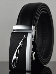 Black leather belt for men with silver automatic buckle featuring sleek panther emblem, cowhide, 110-130CM length.