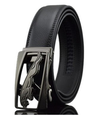 Black cowhide leather belt for men with gunmetal automatic buckle and panther emblem, 110-130CM adjustable length.
