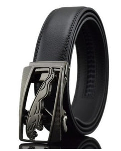 Black cowhide leather belt for men with gunmetal automatic buckle and panther emblem, 110-130CM adjustable length.