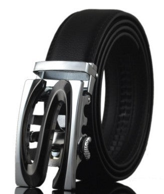 Men's cowhide leather belt with modern silver automatic buckle design, 110-130CM adjustable length, 3.5CM wide.