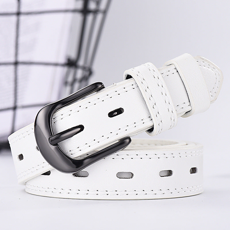 White slim unisex belt with hollow-out detailing and matching stitching, ideal for Korean-style fashion and light-toned outfits.