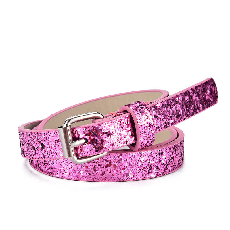 Pink glitter girls belt with silver buckle, made from imitation leather, part of the Kids Heart Glitter Belts collection, 60-80cm.