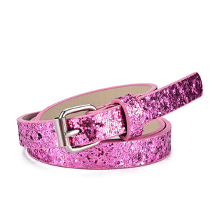 Pink glitter girls belt with silver buckle, made from imitation leather, part of the Kids Heart Glitter Belts collection, 60-80cm.