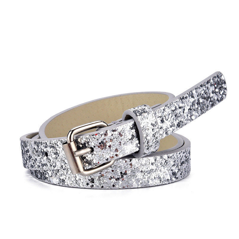 Silver glitter girls belt with metallic buckle, from the Kids Heart Glitter Belts line, ideal for adding sparkle to kids' outfits.