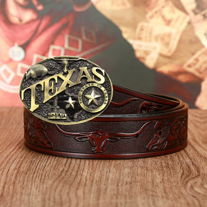 Dark brown Texas Cow Head Belt for men and women with embossed longhorns and large gold Texas buckle. Durable cowhide western belt.