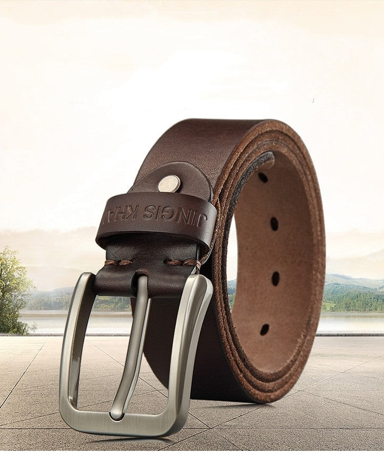 Dark brown Handmade Cowhide Men's Leather Belt with silver buckle, perfect for everyday and formal outfits.