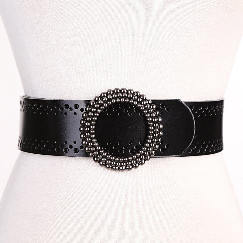 Black women's belt no hole made of genuine leather with decorative round beaded buckle, ideal for dresses and formal wear.