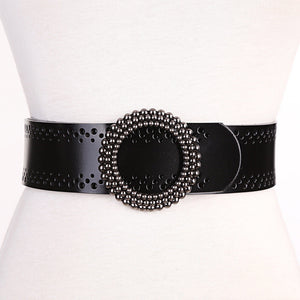 Black women's belt no hole made of genuine leather with decorative round beaded buckle, ideal for dresses and formal wear.