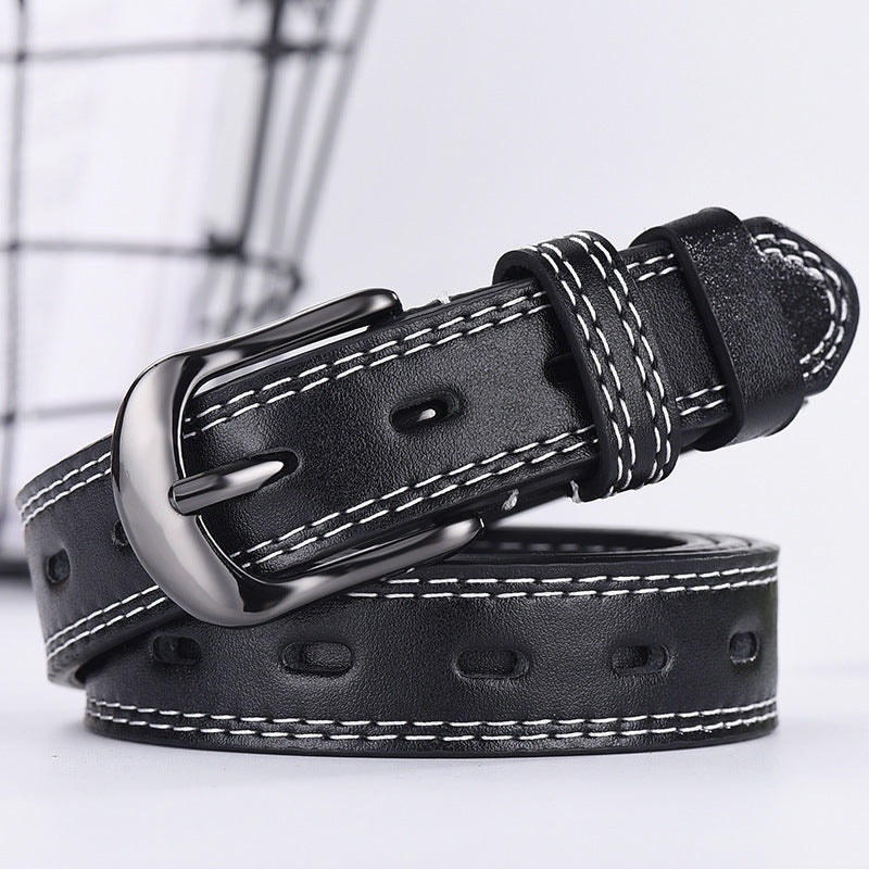 Black unisex thin belt with white stitching and oval cut-outs, offering a sleek and versatile accessory for all-match outfits.
