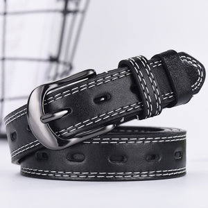 Black unisex thin belt with white stitching and oval cut-outs, offering a sleek and versatile accessory for all-match outfits.