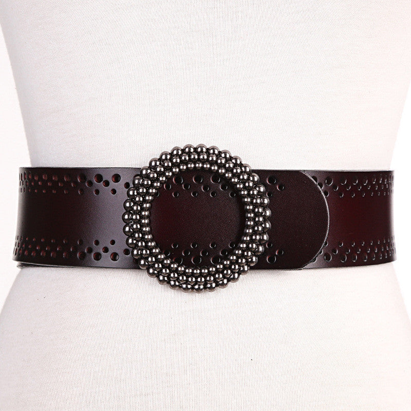 Dark brown women's belt no hole in real leather with vintage-style round beaded buckle, suitable for dress and casual outfits.