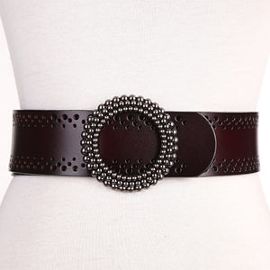 Dark brown women's belt no hole in real leather with vintage-style round beaded buckle, suitable for dress and casual outfits.
