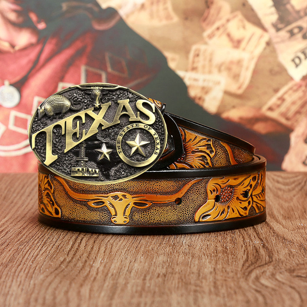 Men's & Women's Texas Cow Head Belt in yellow cowhide with detailed longhorn embossing and iconic Texas alloy buckle. Western style belt.