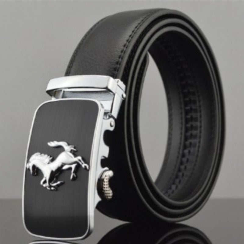 Men's leather belt with automatic buckle featuring silver horse emblem, cowhide material, 110-130CM length, 3.5CM width.
