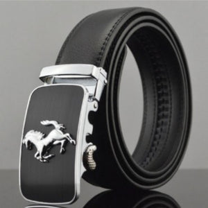 Men's leather belt with automatic buckle featuring silver horse emblem, cowhide material, 110-130CM length, 3.5CM width.