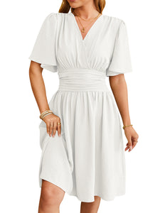 V-neck Short-sleeved Dress Fashion Bell-sleeved Dress Summer Womens Clothing