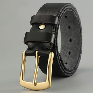 Black Handmade Cowhide Men's Leather Belt with gold buckle, featuring a rugged yet refined finish for all occasions.