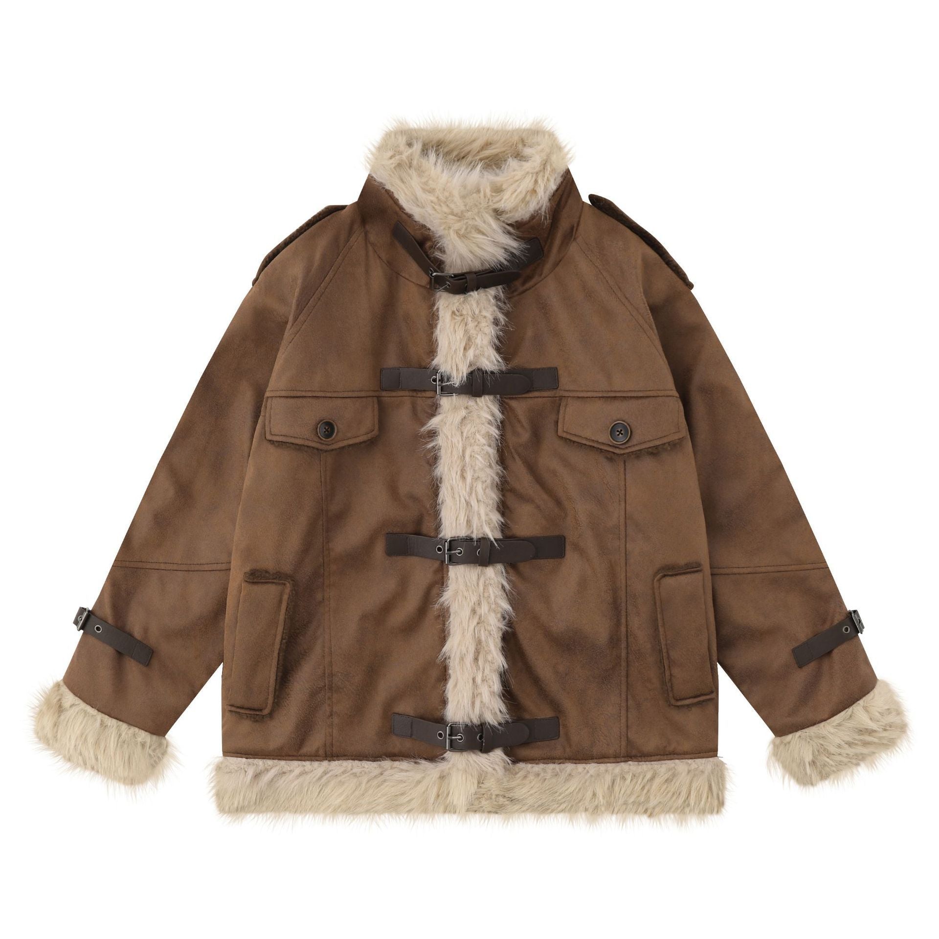 Brown Leather Coat with wool cotton blend, featuring faux fur trim, toggle buttons, and front flap pockets, sizes S to XL.