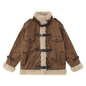 Brown Leather Coat with wool cotton blend, featuring faux fur trim, toggle buttons, and front flap pockets, sizes S to XL.