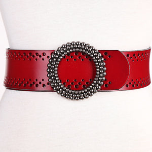 Red genuine leather women's belt no hole featuring a round beaded buckle, perfect for accessorizing dresses stylishly.