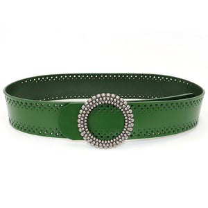 Green women's belt no hole crafted from real leather with intricate perforations and round beaded buckle for elegant dress styling.