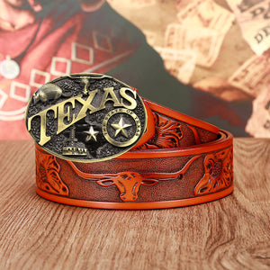 Men's & Women's Texas Cow Head Belt in brown cowhide with engraved longhorn design and gold alloy Texas buckle. Western fashion accessory.