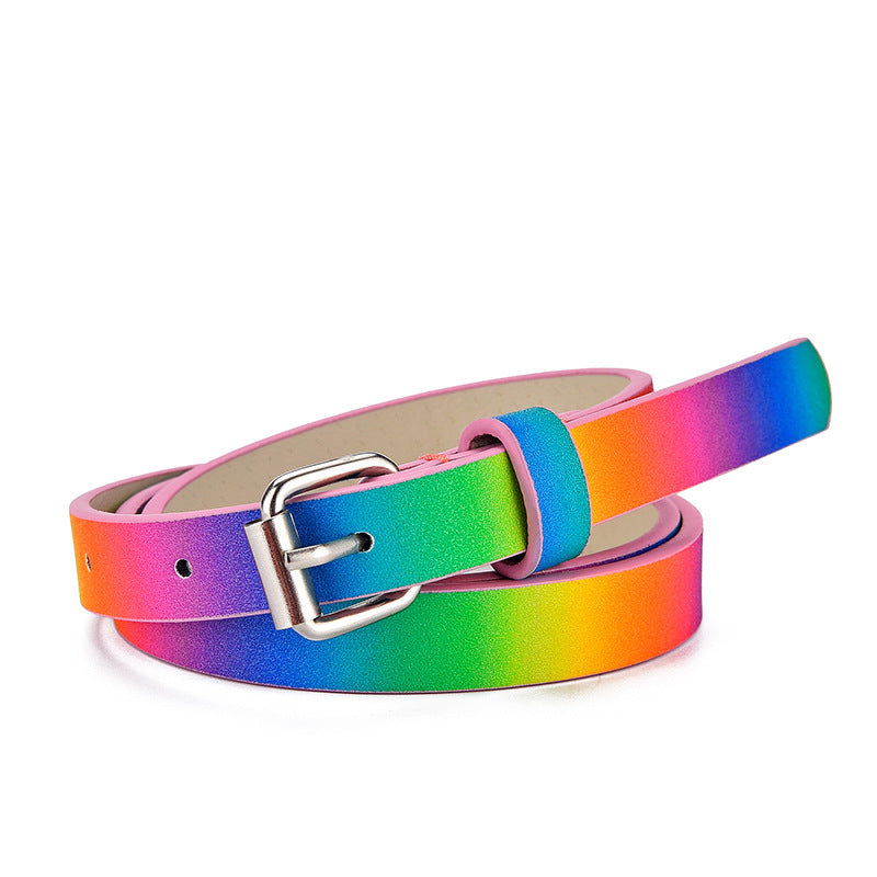 Rainbow gradient girls belt with silver buckle, from the Kids Heart Glitter Belts collection, colorful and fun for kids' fashion.