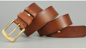 Tan Handmade Cowhide Men's Leather Belt with gold buckle, showcasing smooth leather texture and fine craftsmanship.