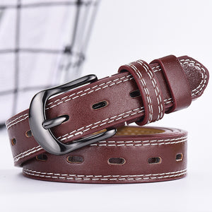 Burgundy thin waist belt for men and women featuring contrast stitching and a modern hollow design, perfect for stylish dress wear.