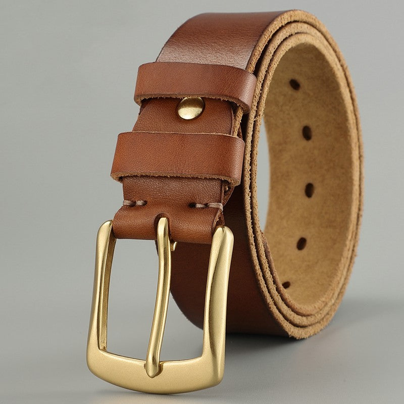 Men's Leather Belt - Handmade Cowhide in tan with gold buckle, ideal for casual wear. Available in sizes 105-140cm.
