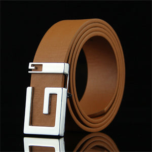 Tan fashionable belt with a smooth texture and silver G-shaped buckle, designed for both men and women.